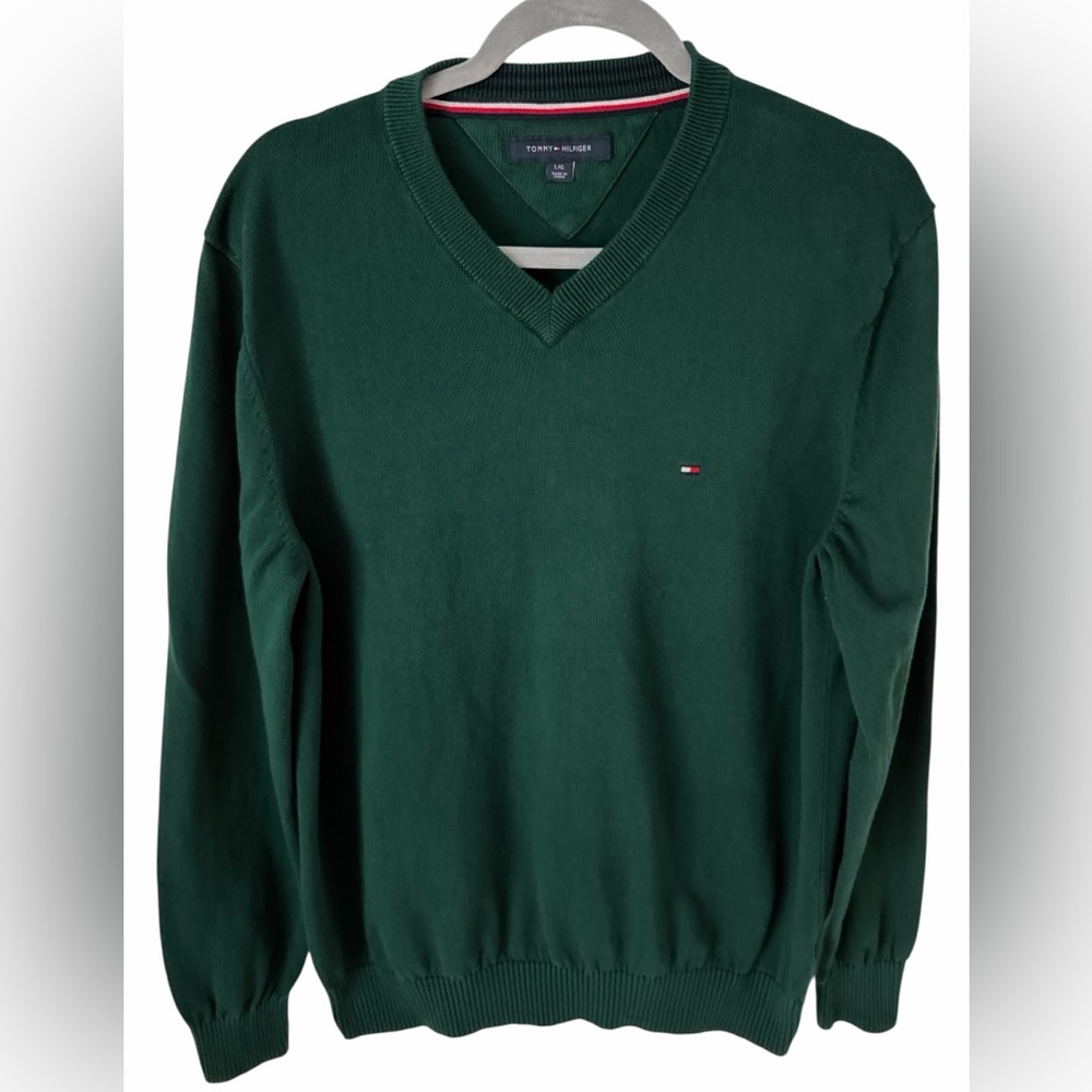 Tommy Hilfiger Green V-Neck Sweater | 100% Cotton | Classic Flag Logo